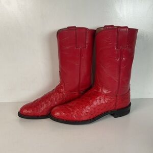 Justin Women’s Ostrich Quill Roper Boots 7 B USA Made Exotic Ruby Red